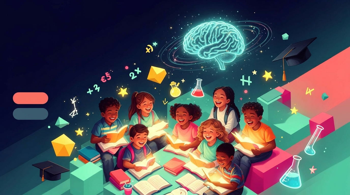 Diverse joyful students learning together with glowing books and an AI brain overhead