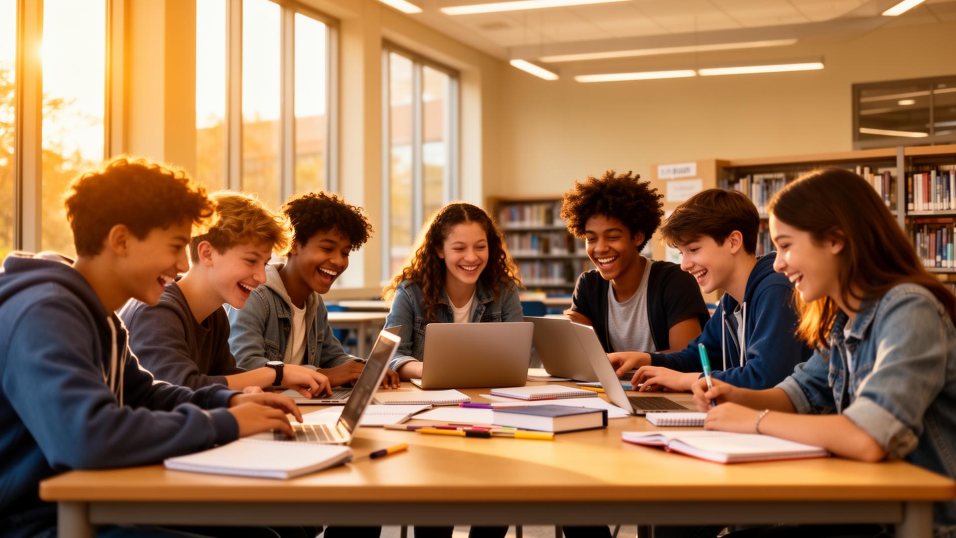 Diverse joyful U.S. students collaborating with laptops and notebooks in a sunlit campus library